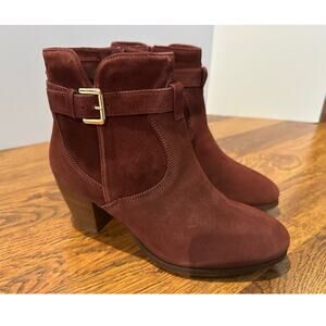 Diba Women's Boho Suede Stacked Heel Boots Burgundy Size 7.5 NWOB Casual Chic